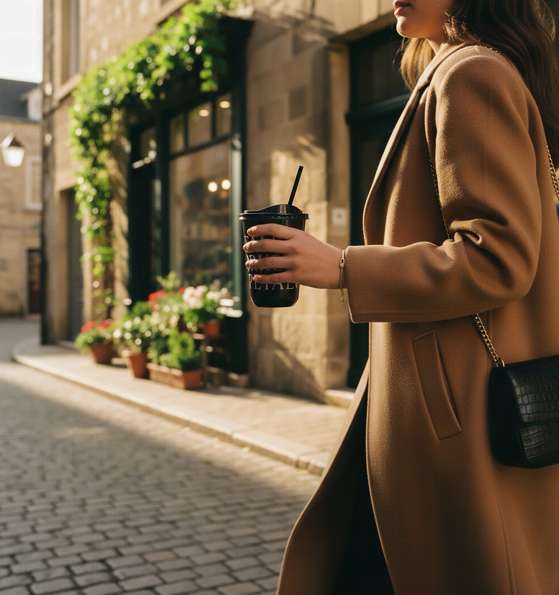 Coffee carried through a neighborhood street