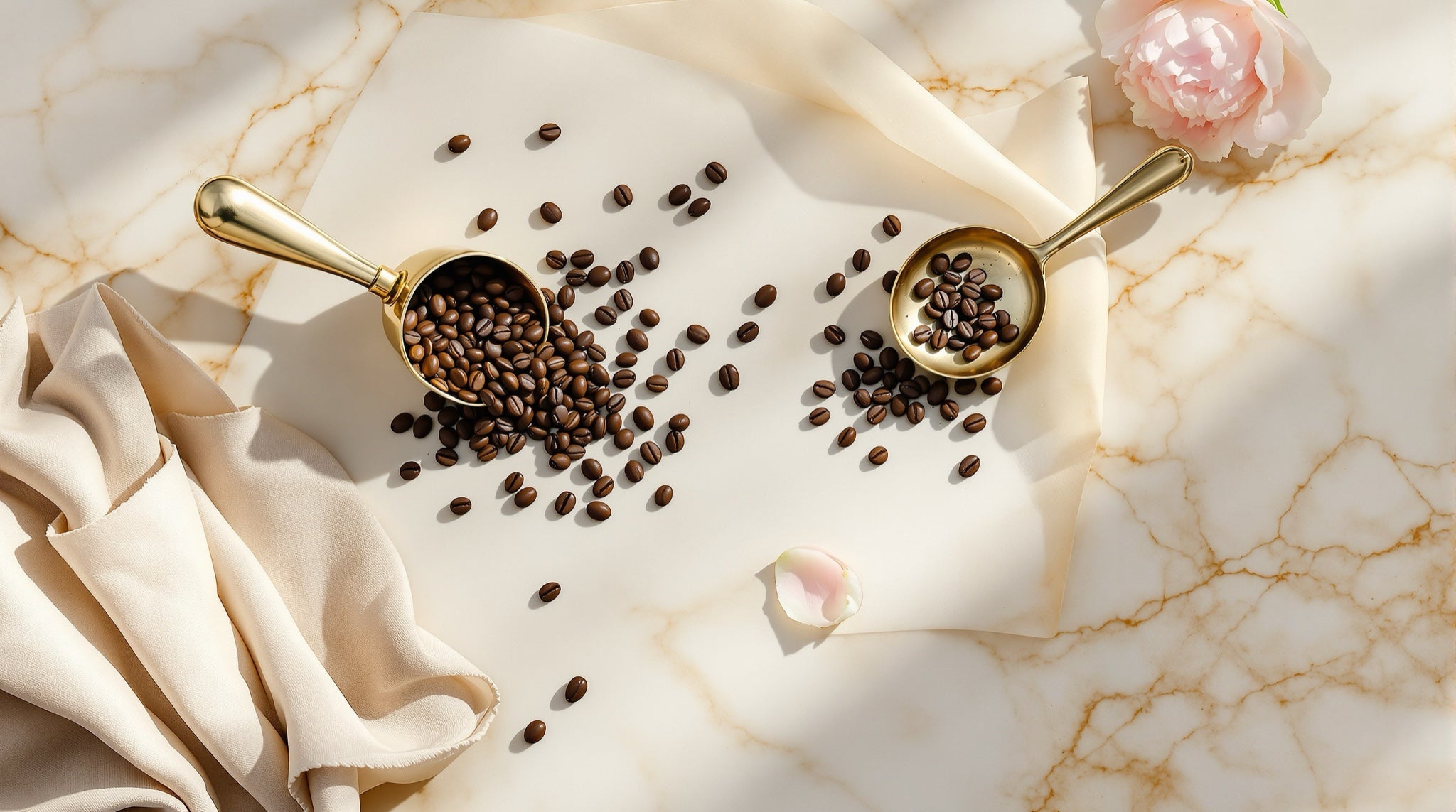 Coffee beans with brass scoops and flowers