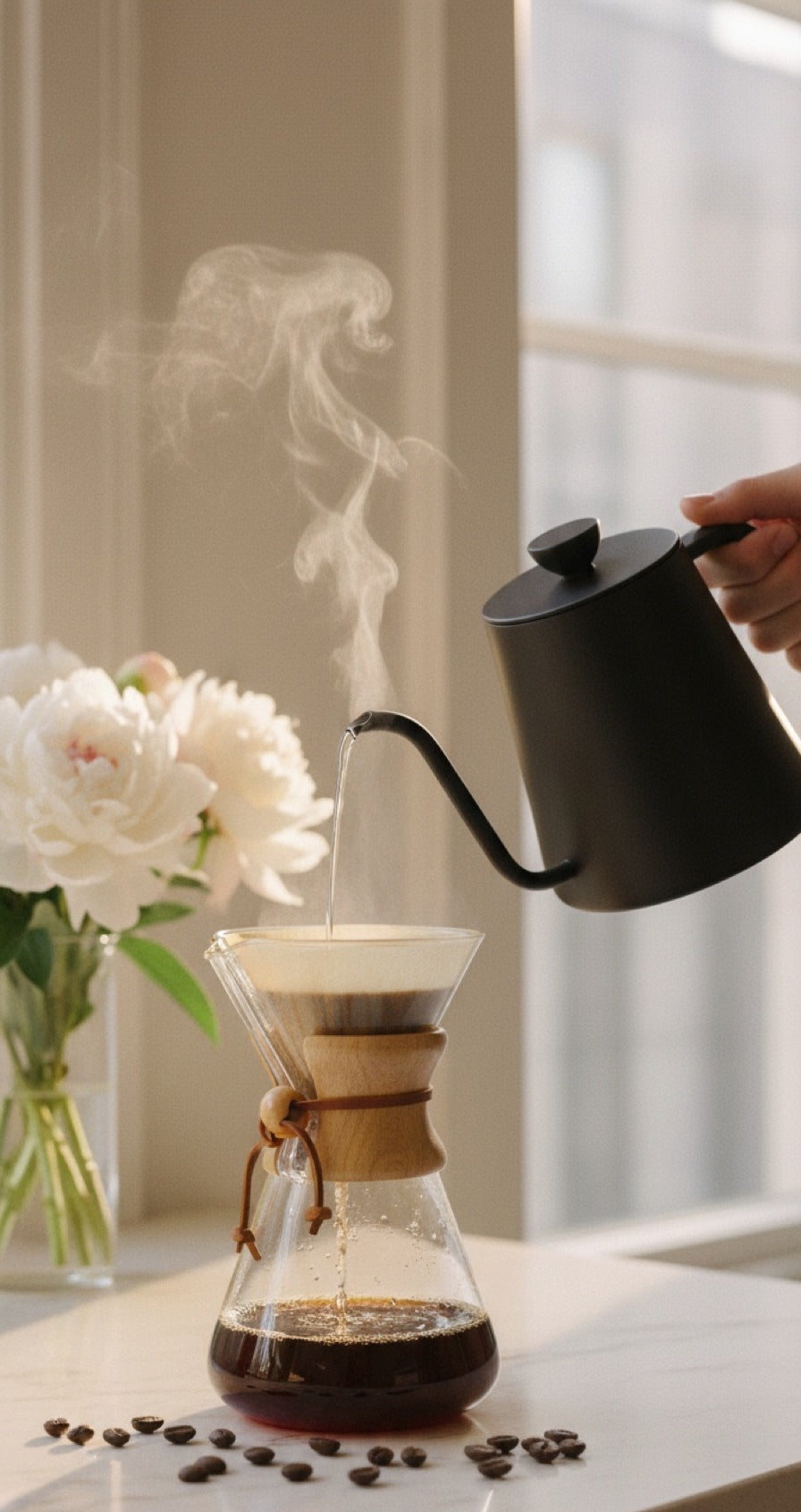 Pour-over coffee being made beside flowers in morning light