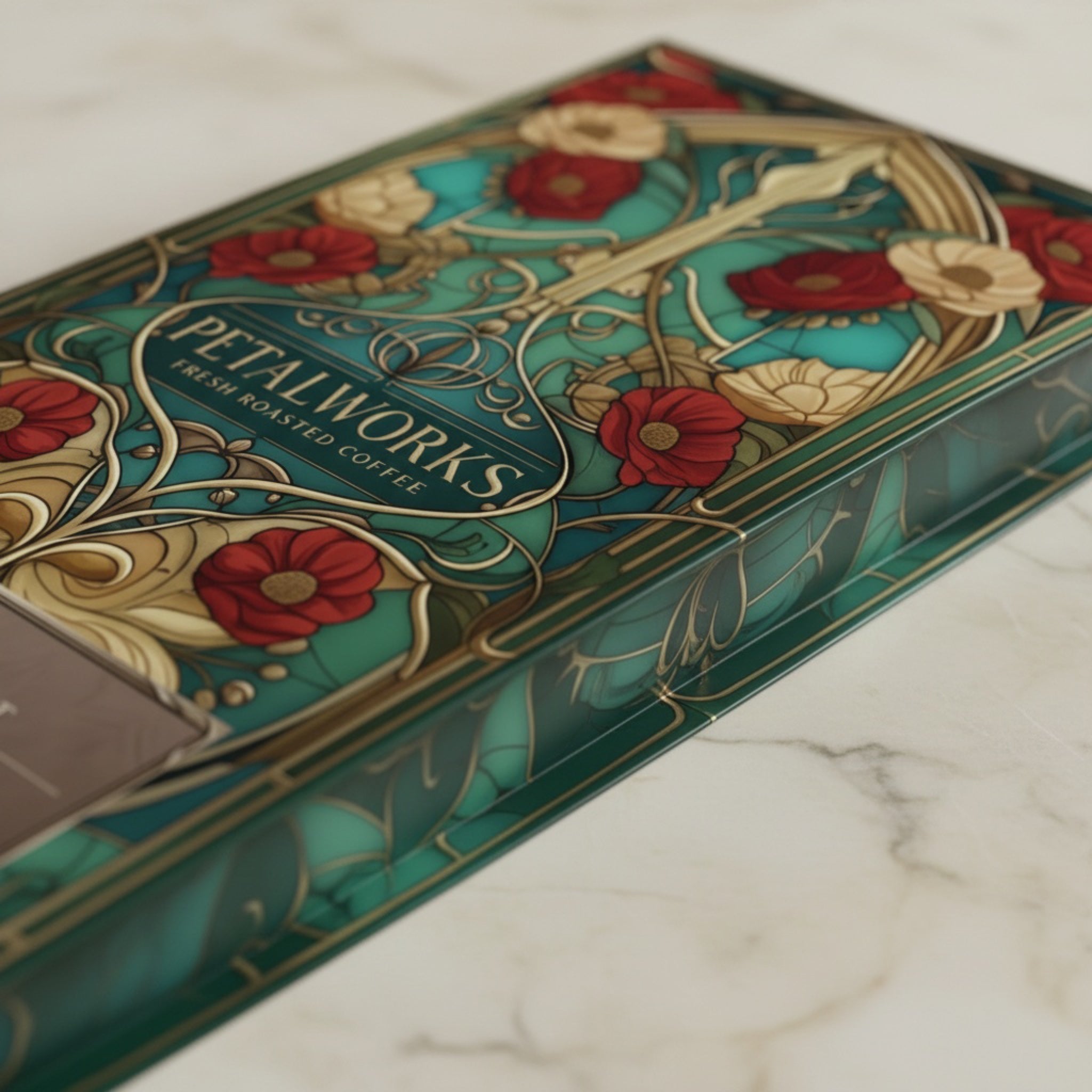 Close detail of Petalworks coffee packaging